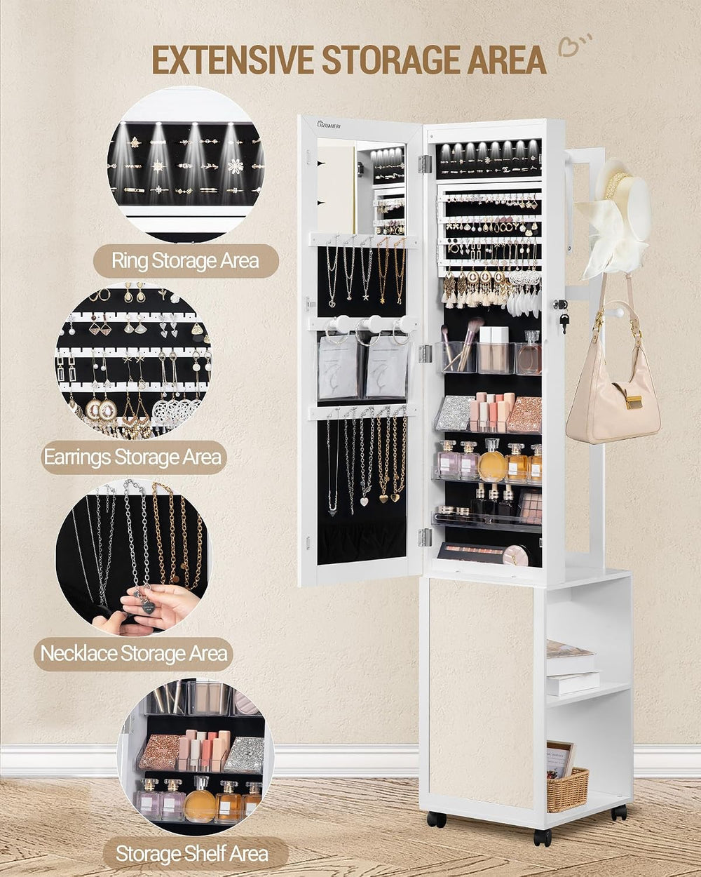 Hzuaneri 8 LEDs Jewelry Cabinet Armoire, 66.9-inch Jewelry Organizer