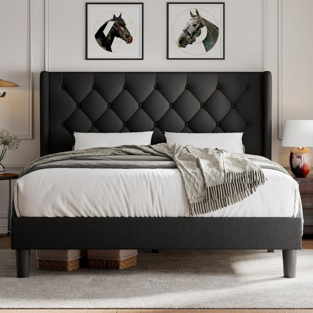 ipormis queen size platform bed frame with button, front angle view