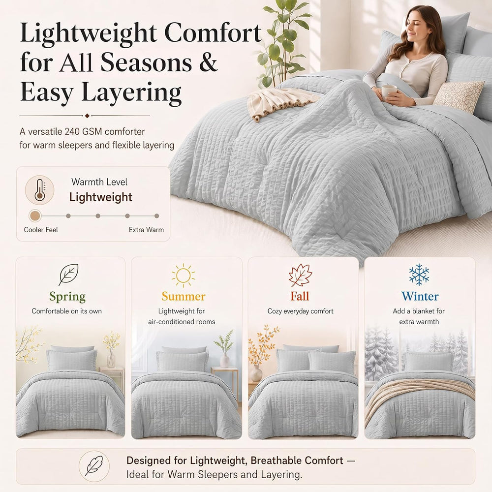 CozyLux Queen Comforter Set, 7 Pieces Light Grey Seersucker Bed in a Bag