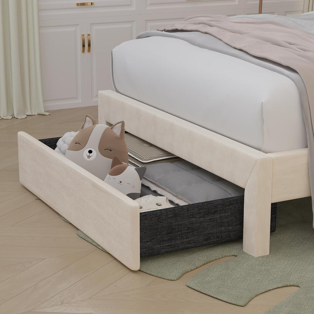Twin Bed Frame with Adjustable Charged Headboard & Drawer, Off White