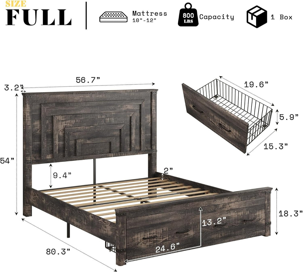 AMERLIFE Full Bed Frame with 54" Headboard & Storage, Black Oak