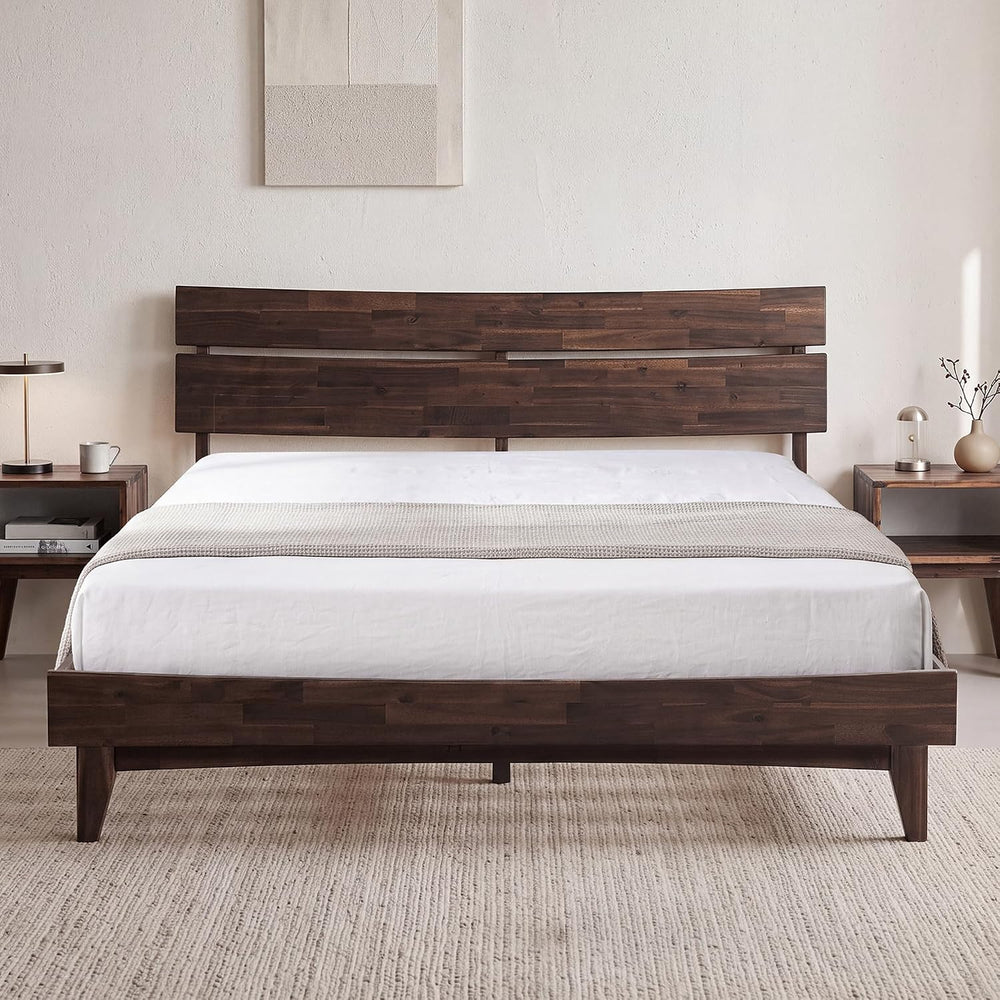 Aurora Acacia Solid Wood Queen Platform Bed Frame with Headboard, Chocolate