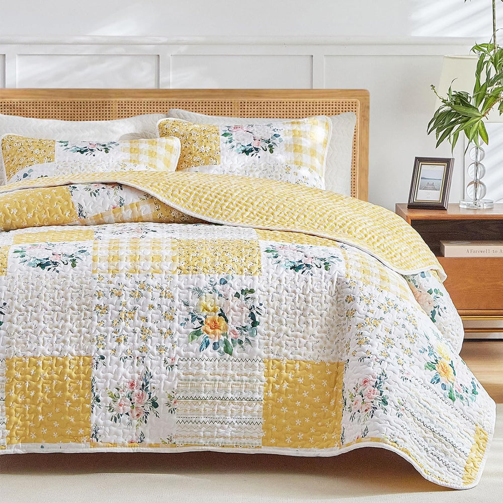 Joyreap 3 Pieces Floral Patchwork Quilt Set King, Yellow n White Flowers Desi...