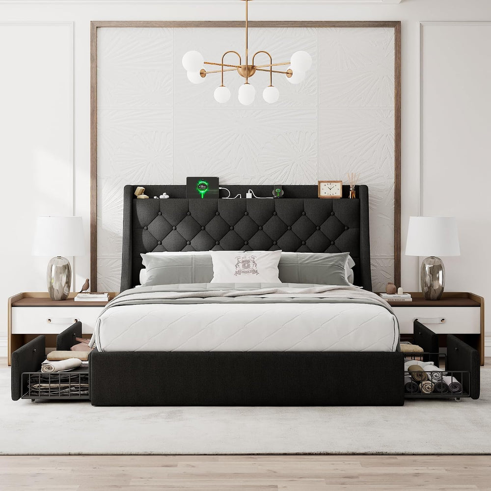 Einhomn Queen Bed Frame with 4 Storage Drawers, Upholstered Modern Bed Frame ...
