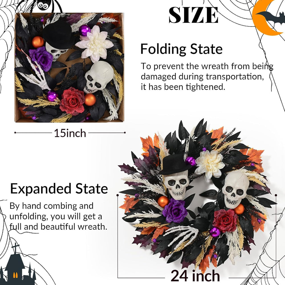 Waipfaru 2Pcs 24 Inch Halloween Wreath for Front Door Halloween Door Wreath