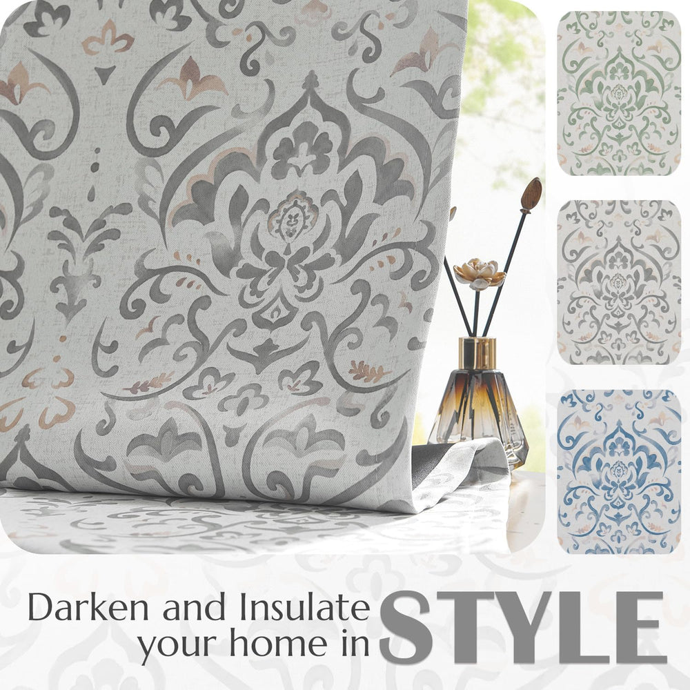 Lazzzy Gray Damask Blackout Curtains 63 Inch Length, Grey Floral Vintage Meda...
