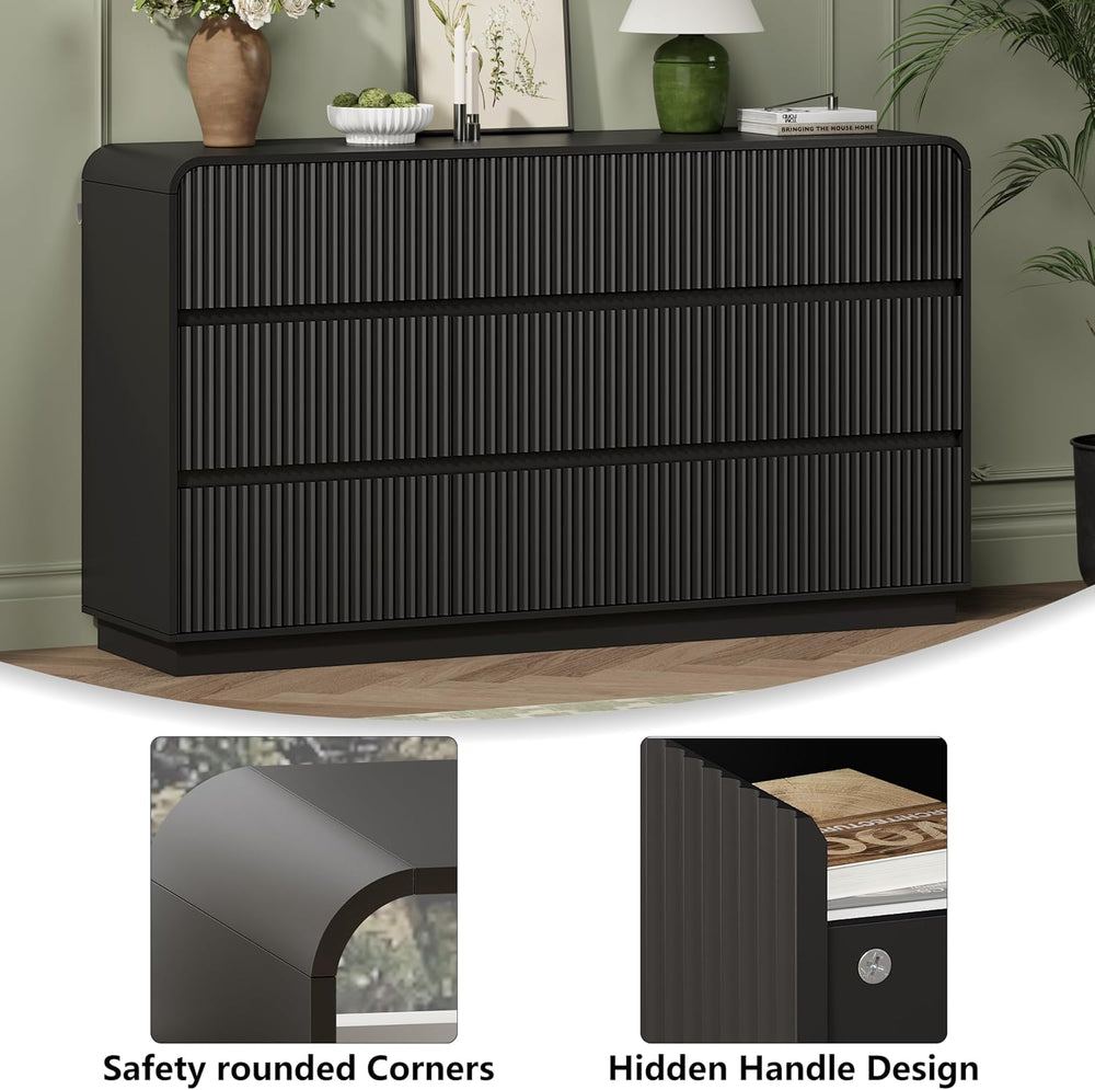 Wodeer Black Dresser Fluted 9 Drawers Dresser for Bedroom, 59" Wide Wood...