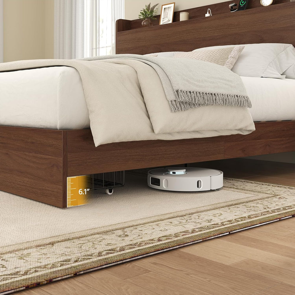 King Size Bed Frame with Storage Headboard & 2 Drawers, Mid-Century Moder...
