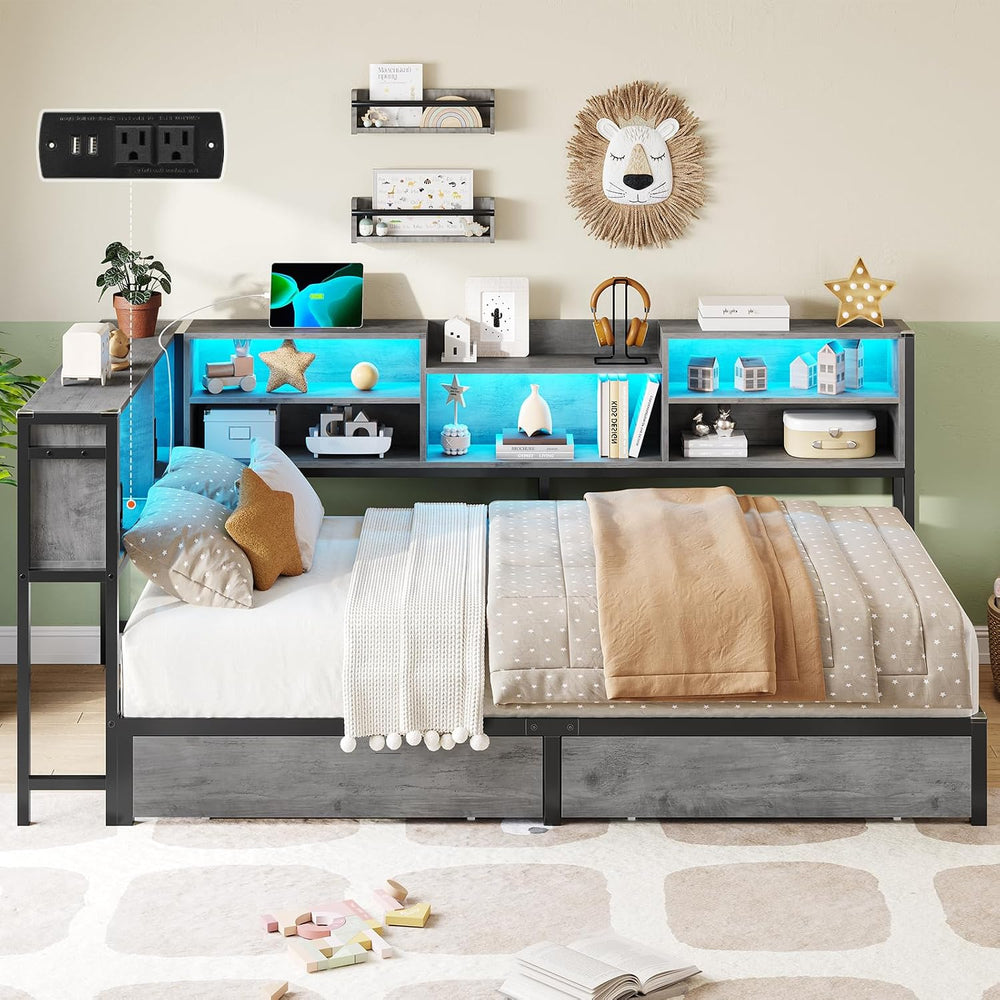 Corner Twin Bed Frame with Bookcase Storage Headboard & Led Lights,Oak Gray