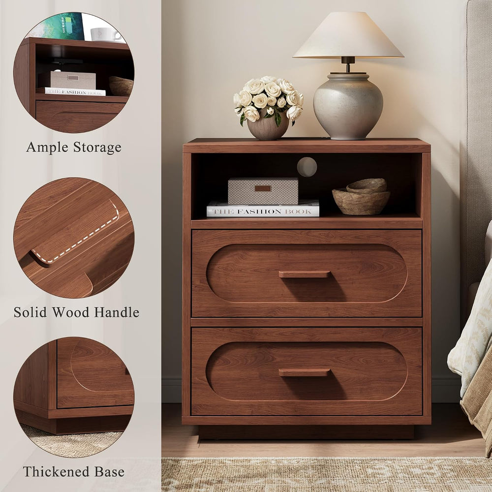 YANSNWO 25.8" Tall 2-Drawer Nightstand with Charging Station, Walnut