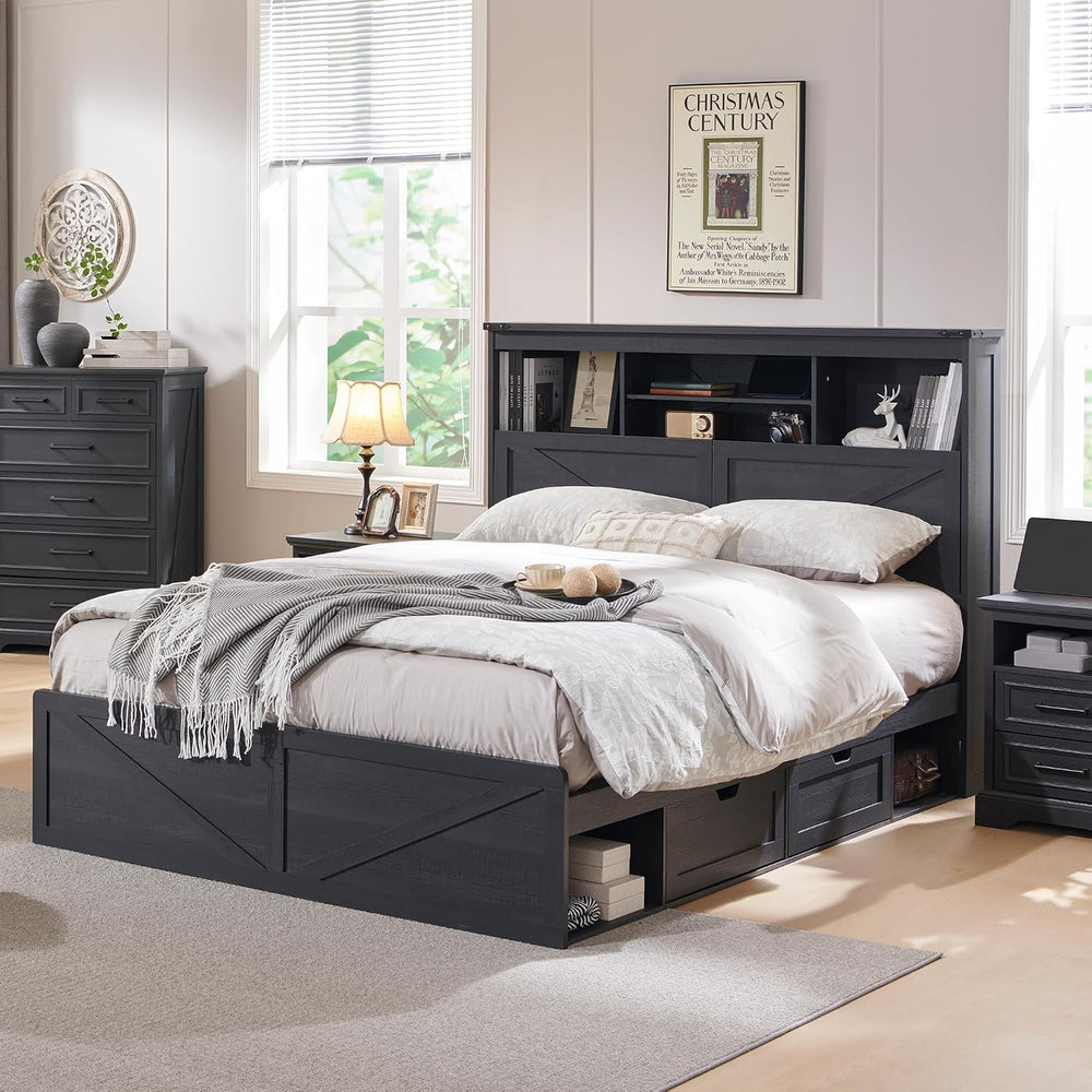 ACCOHOHO Farmhouse Queen Size Bed Frame with 52" High Storage Bookcase H...