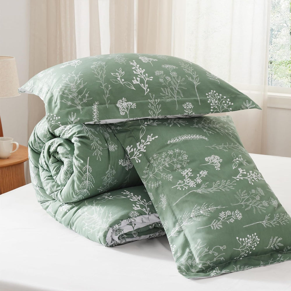 Bedsure Floral Comforter Set Cute Bedding Set Queen Reversible Green