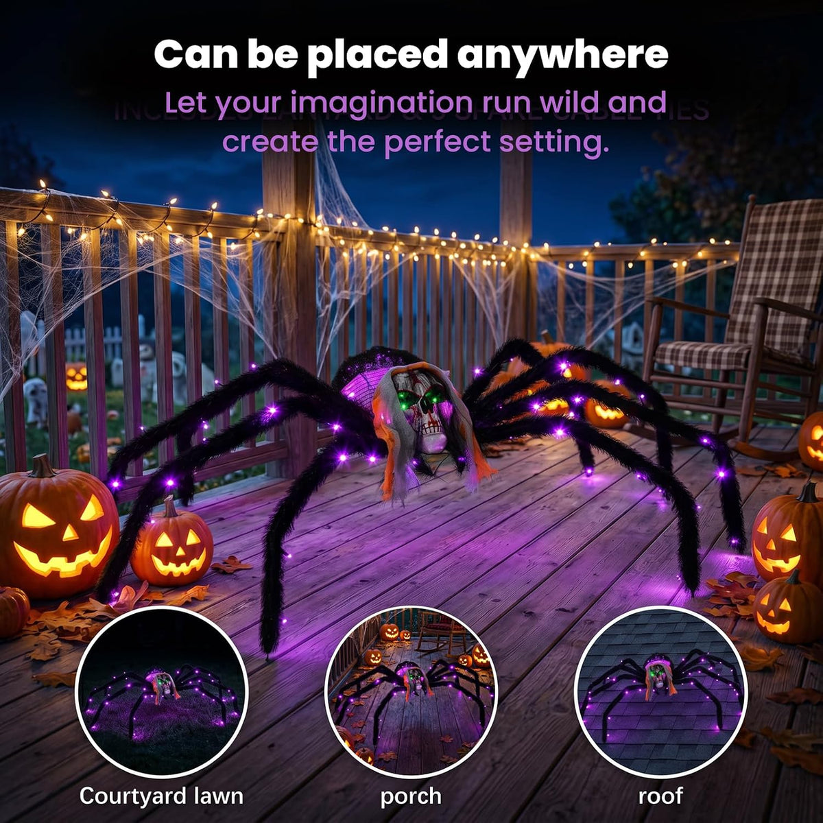 52" Halloween Giant Skull Face Spider, Lighted Outdoor Decoration with Flashing Red & Green Eyes, 70 LED Glowing Spider for Yard, Lawn, Porch, Haunted House Decor (52" Floor-Standing)
