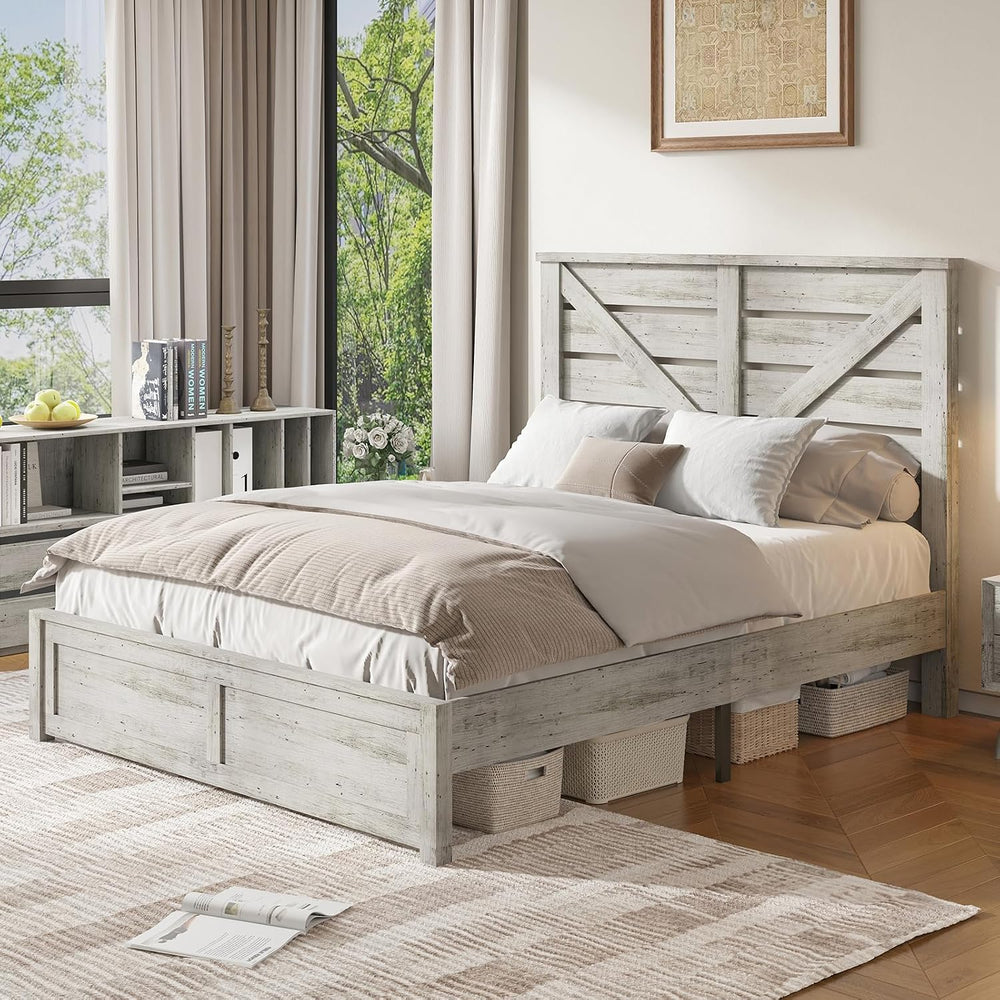 LUXOAK Queen Size Farmhouse Wooden Bed Frame with 49.2" Headboard, White