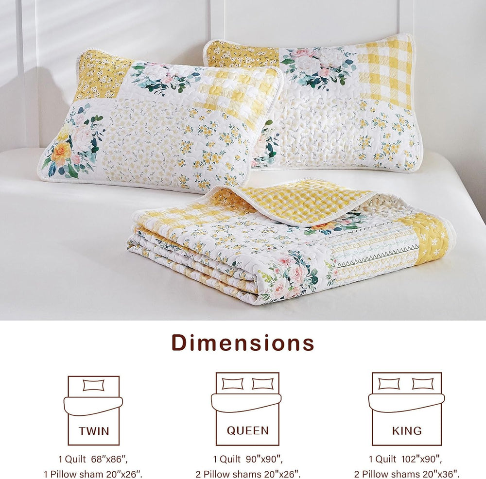 Joyreap 3 Pieces Floral Patchwork Quilt Set King, Yellow n White Flowers Desi...