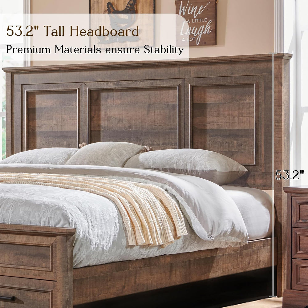 ACCOHOHO Farmhouse Queen Size Bed Frame with 53" Tall Headboard Light Brown
