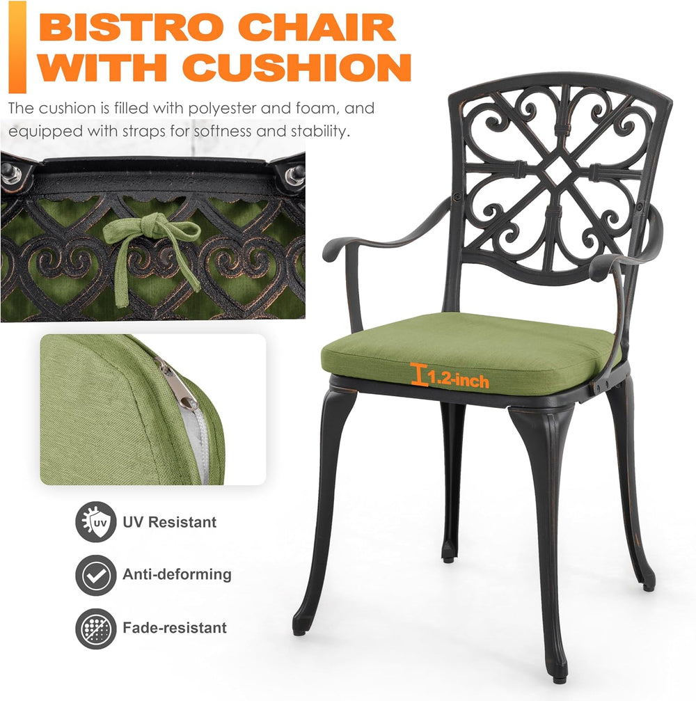 NUU GARDEN 3-Piece Outdoor Bistro Set with Cushions, Round 24 Inch Cast Alumi...
