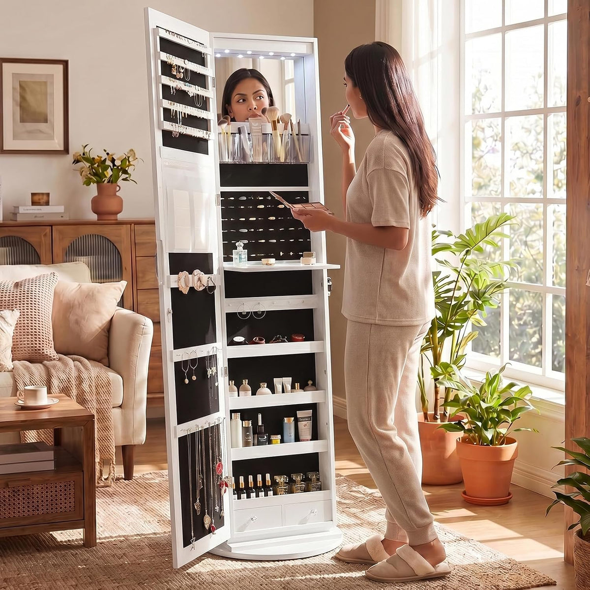 olixis 360° swivel jewelry cabinet with light, lockable, view 10