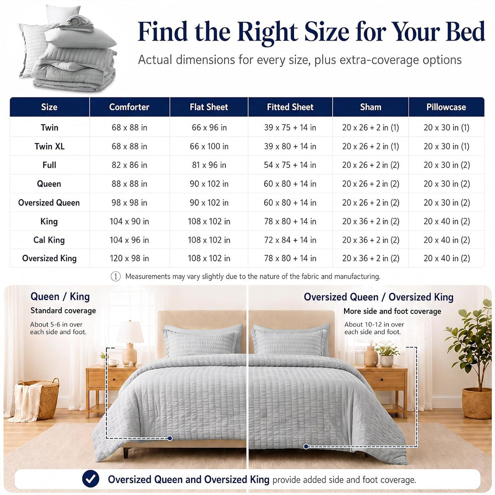 CozyLux Queen Comforter Set, 7 Pieces Light Grey Seersucker Bed in a Bag