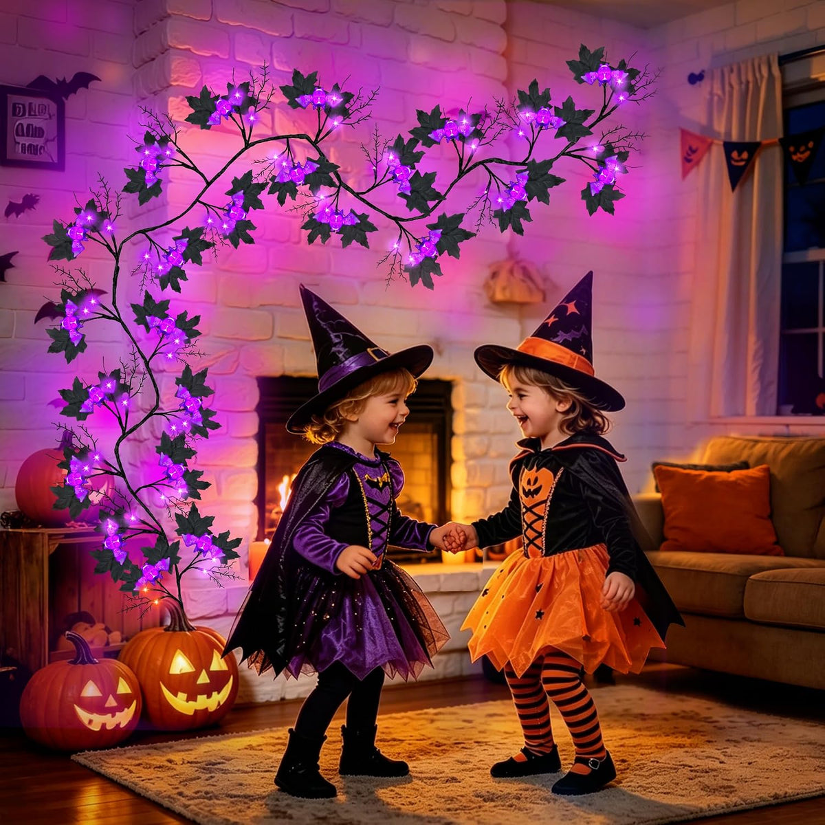 9FT 72 LED Halloween Willow Vine Twig Decor Black Halloween Garland with Bat & LED Purple Lights, 8 Modes Waterproof Battery Operated Halloween Lights Indoor Halloween Decorations for Home Wall Table