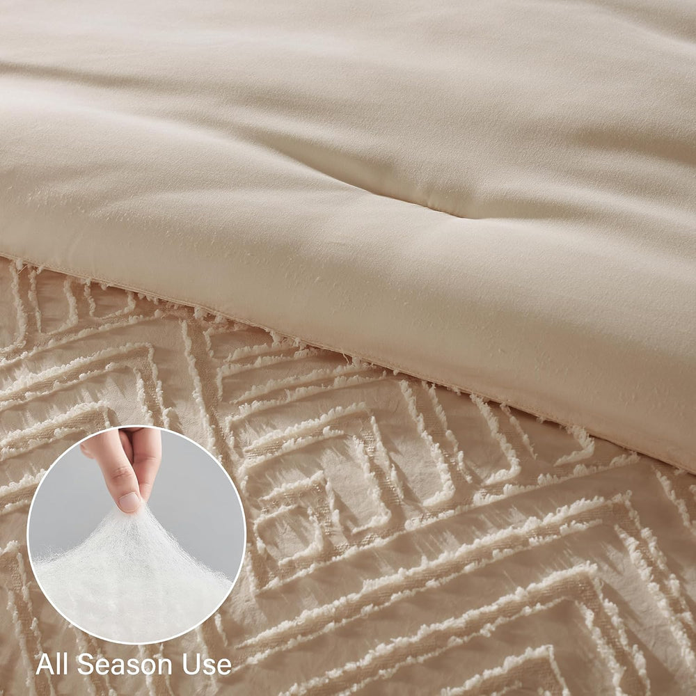 Zzlpp Queen Comforter Set 7 Piece, Beige Bed in a Bag Queen Bedding Sets