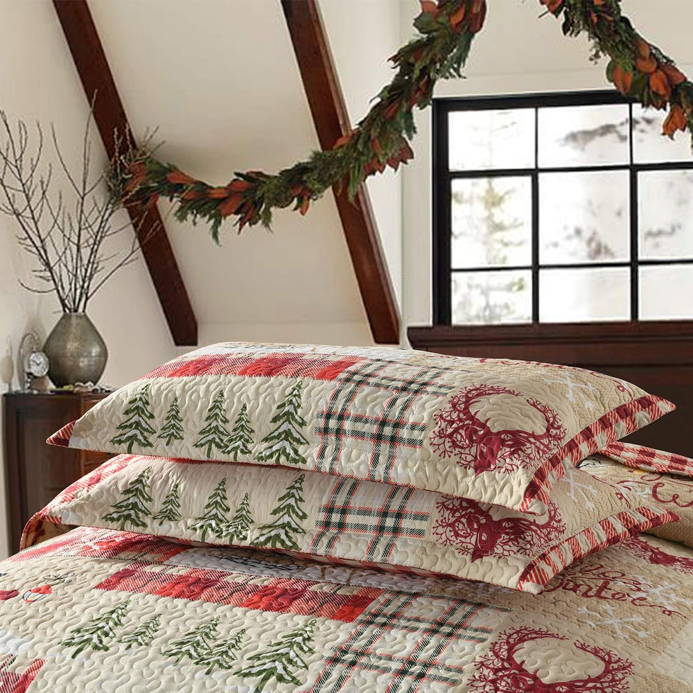 MarCielo Christmas Reindeer Plaid Quilt Set Red Patchwork Bedding Bedspread