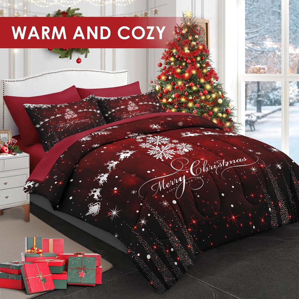 WeCozy Queen Christmas Comforter Set with Sheets, 7 Pieces Dark Bedding