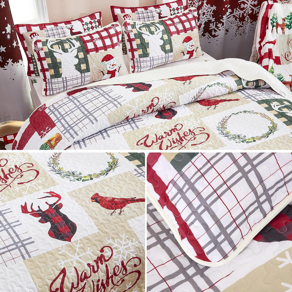 WONGS BEDDING Christmas Quilt Set Queen, Rustic Snowman Patchwork Bedding