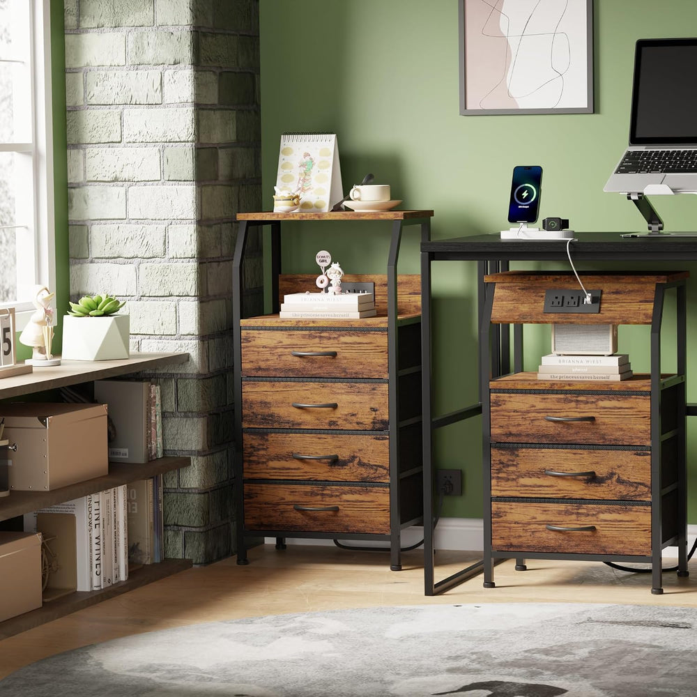 Furnulem Night Stand with Charging Station, 3 Fabric Drawers Bedside Table