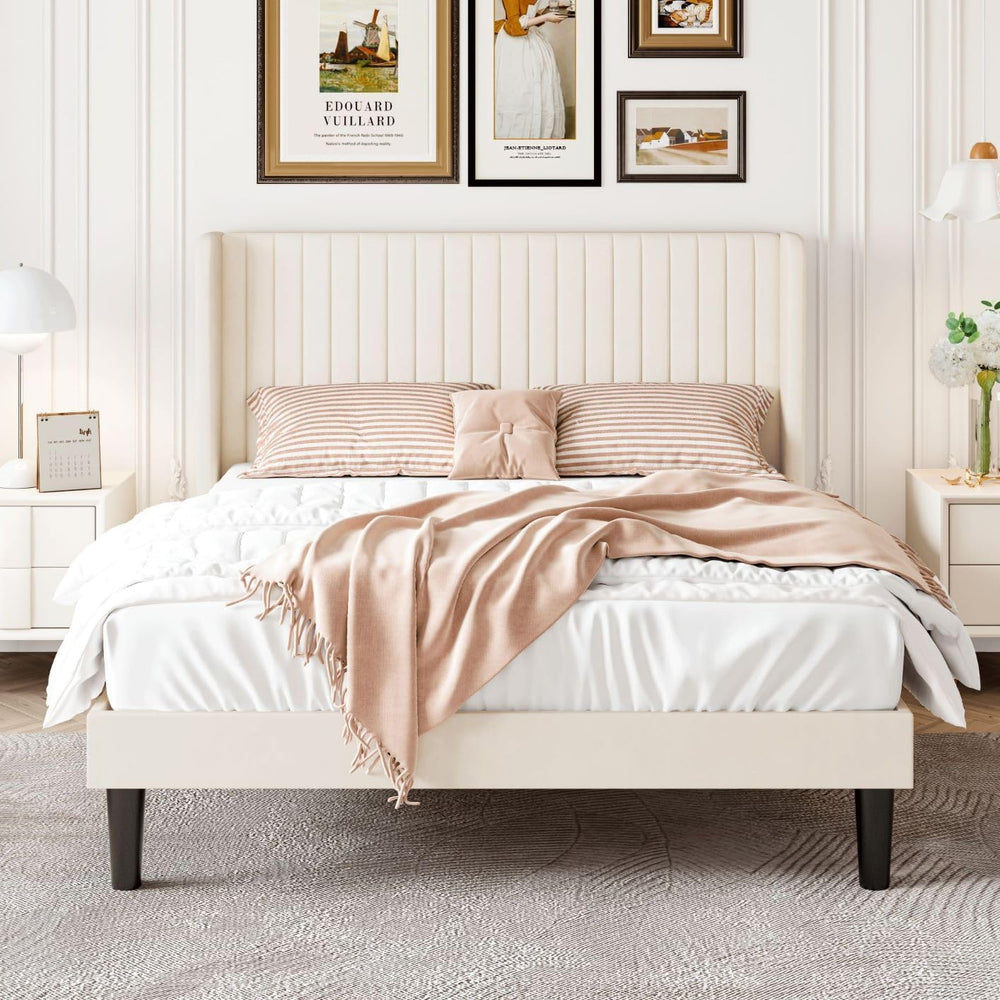 SHA CERLIN Full Size Velvet Bed Frame, Tufted Wingback Headboard, Cream