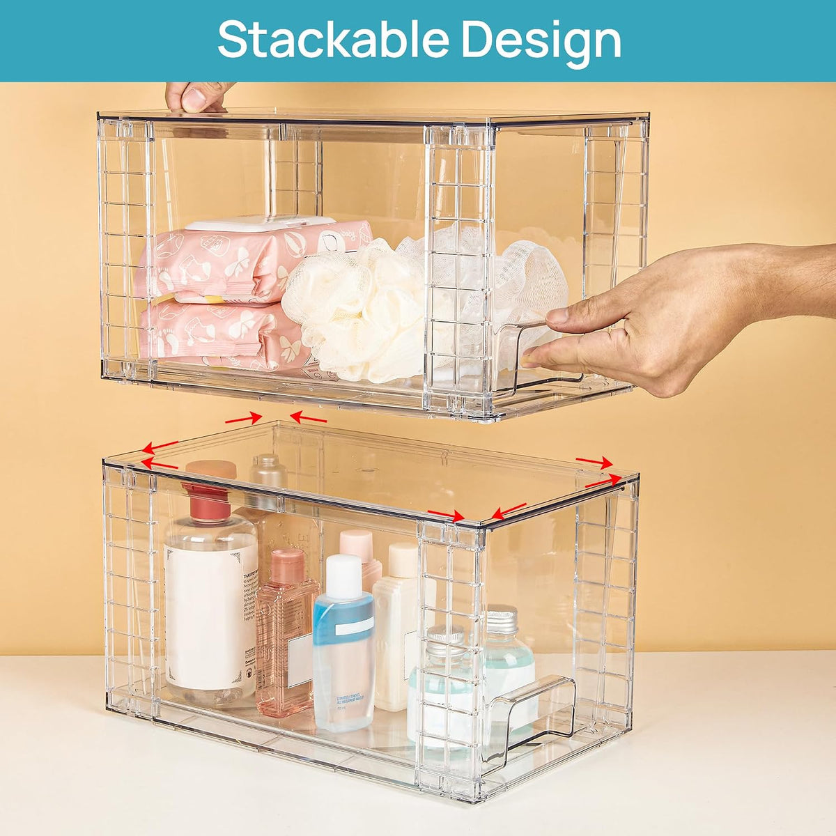 vtopmart 4 pack large stackable storage drawers, clear, front angle view