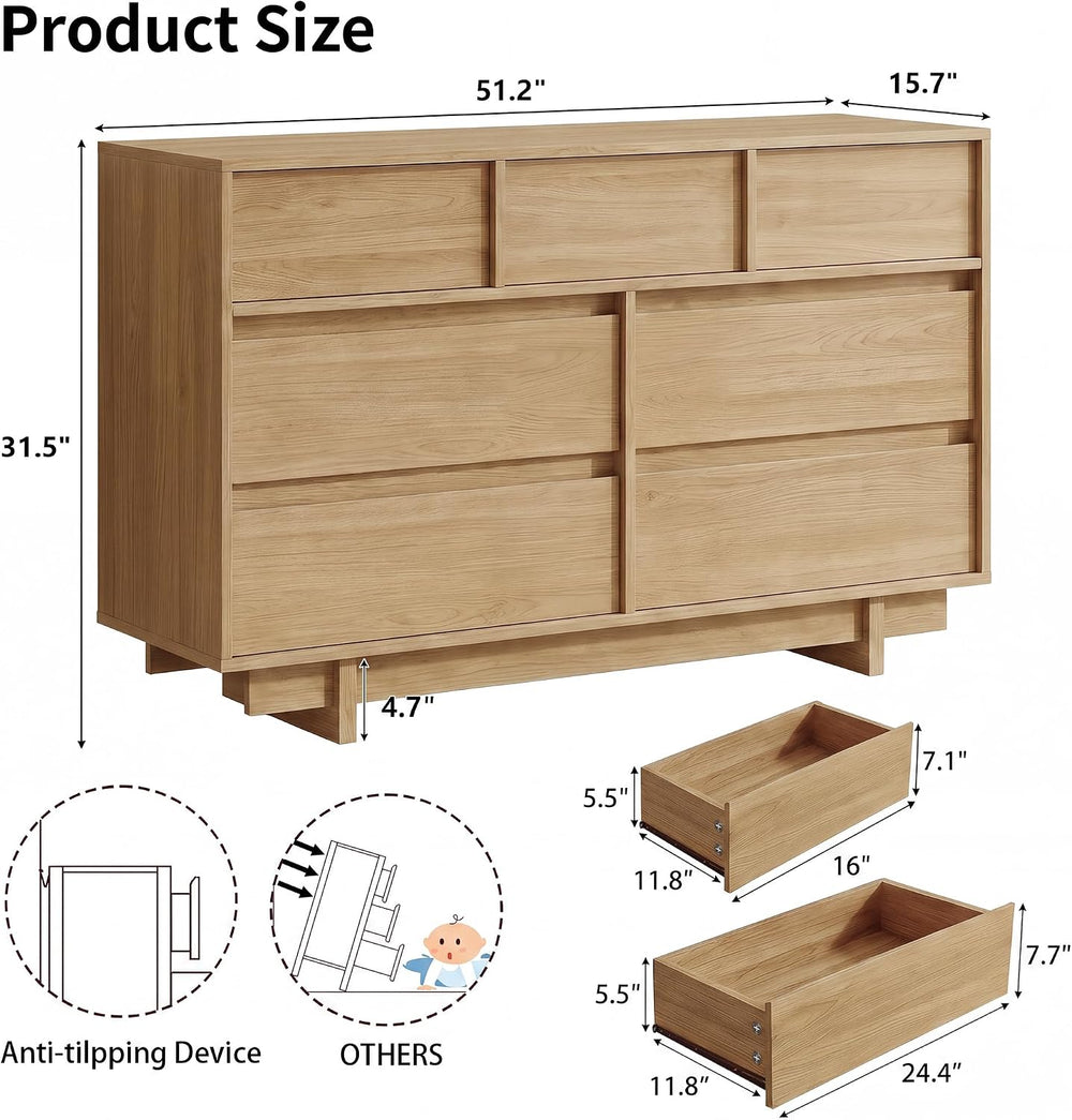 51in Oak 7 Drawer Dresser & 2 Nightstand Set, 3 Pcs Bedroom Furniture