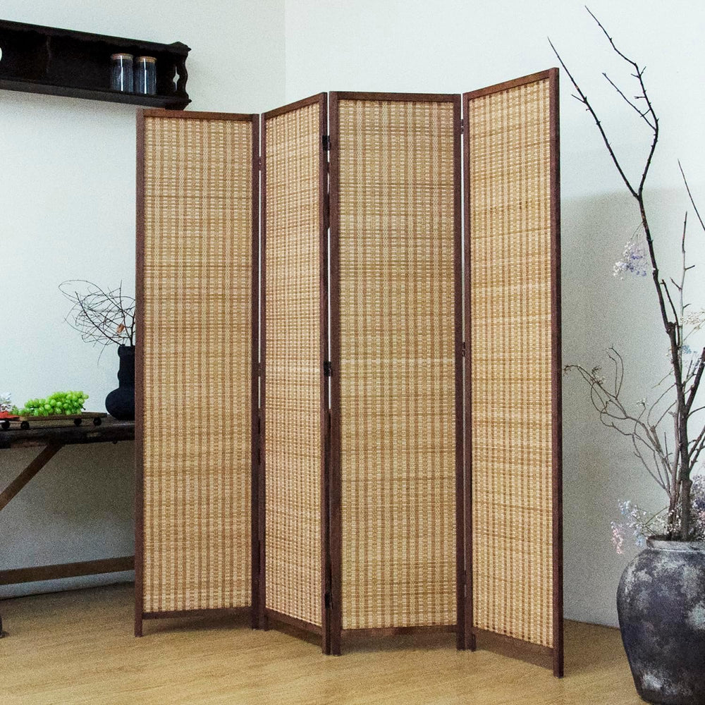 4 Panel Bamboo Room Divider - 5.6 ft Tall Brown Folding Privacy Screen, Doubl...