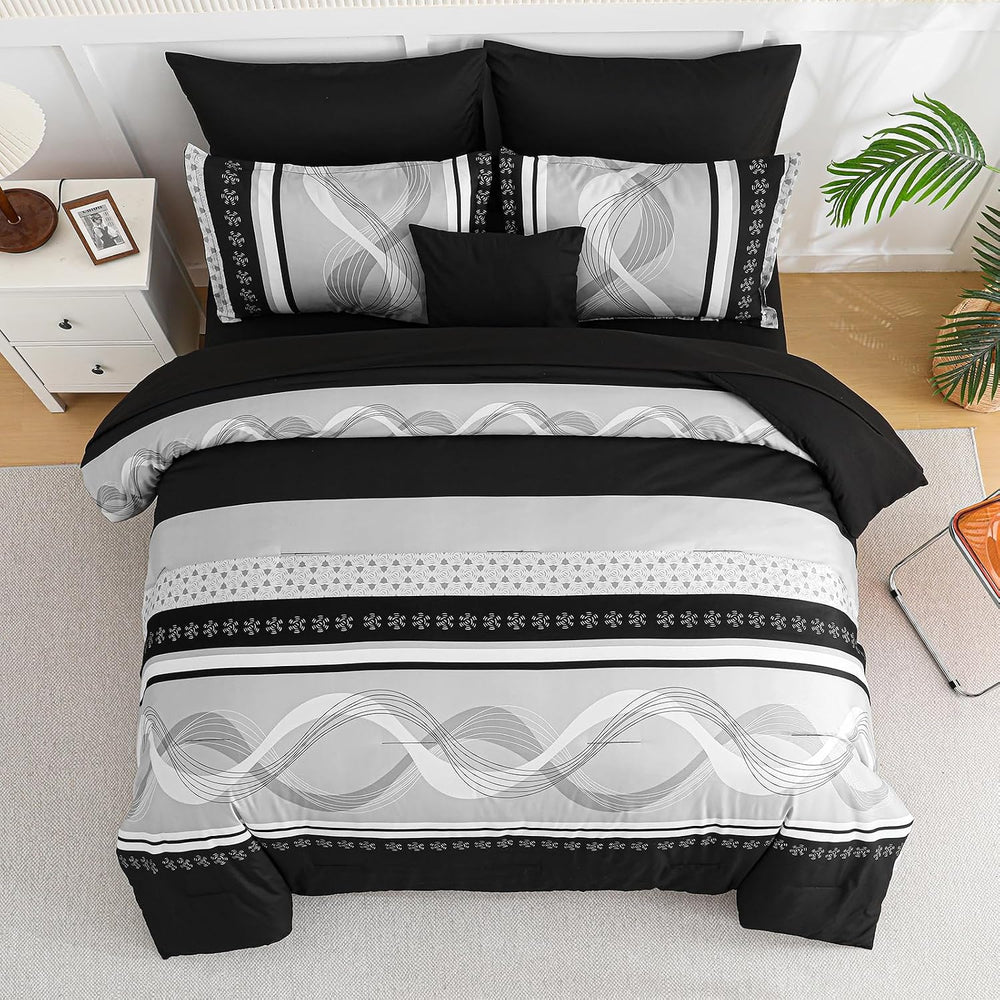 Anibedding Black Comforter Set Queen Size,8 Pieces Boho Bed in a Bag Patchwor...