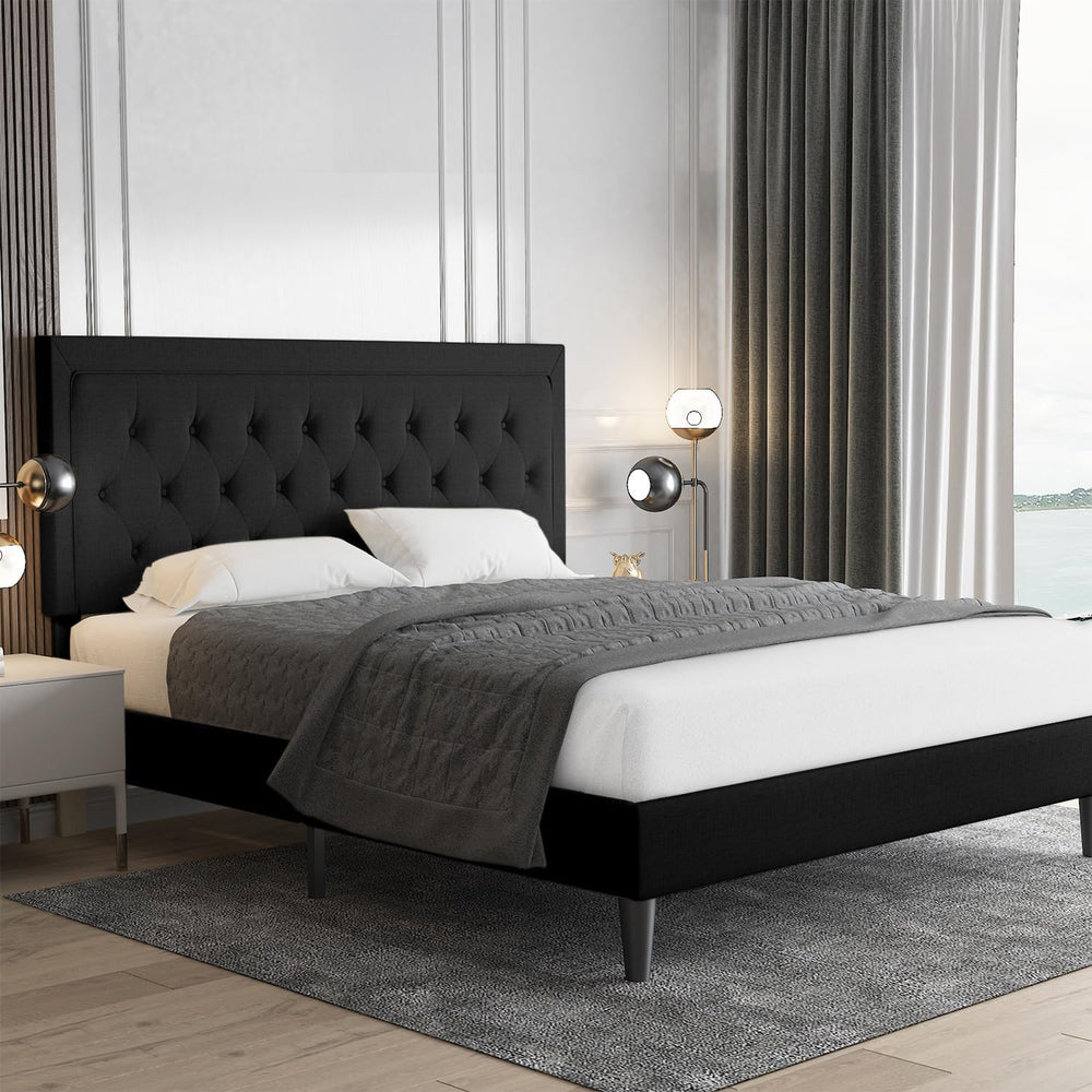 Allewie Queen Size Upholstered Platform Bed Frame with Adjustable Headboard, ...