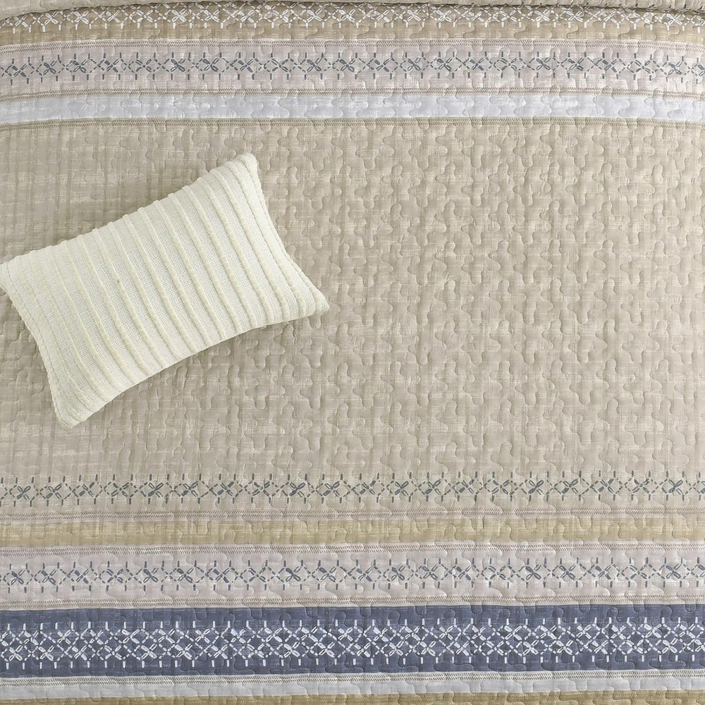 Cottolester Queen Quilt Bedding Set,Beige Blue Patchwork Striped Bedspread
