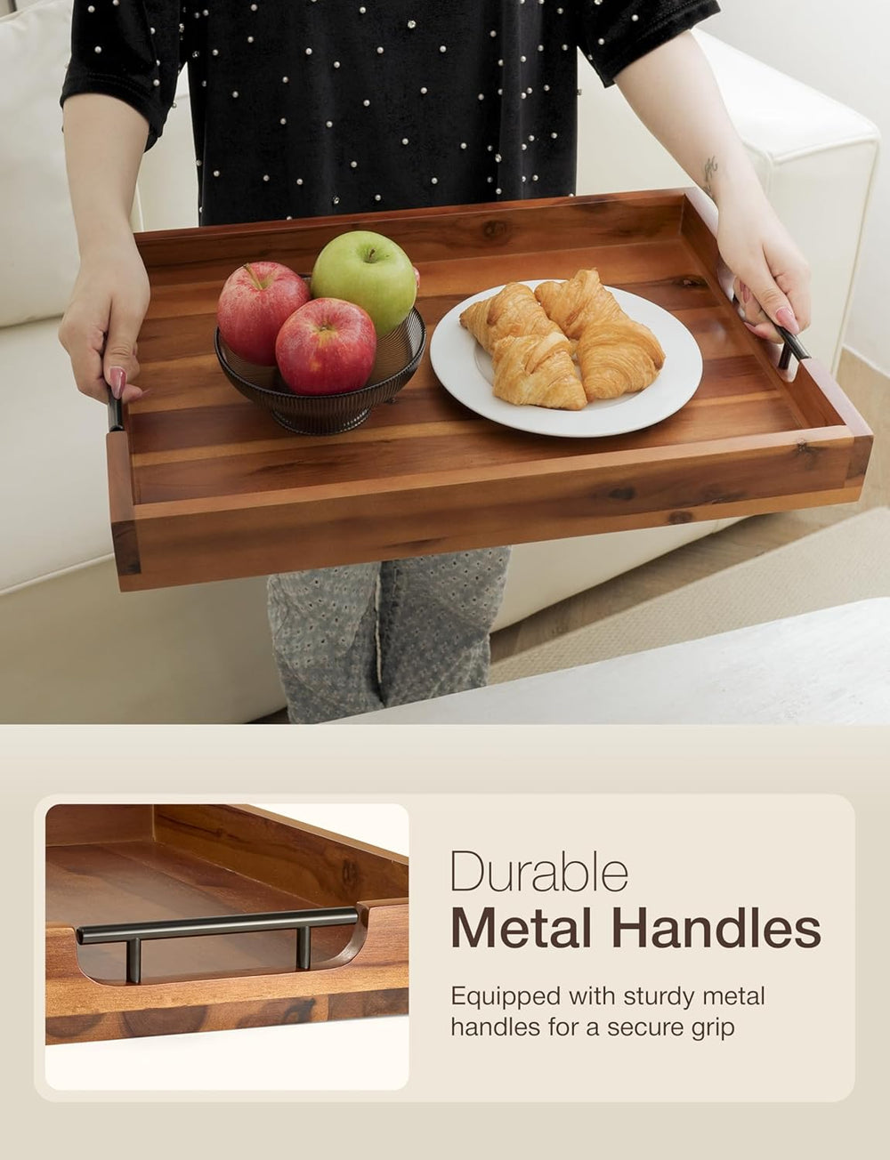 TIDITA 20"x14" Wooden Large Ottoman Tray, Serving Tray with Metal H...