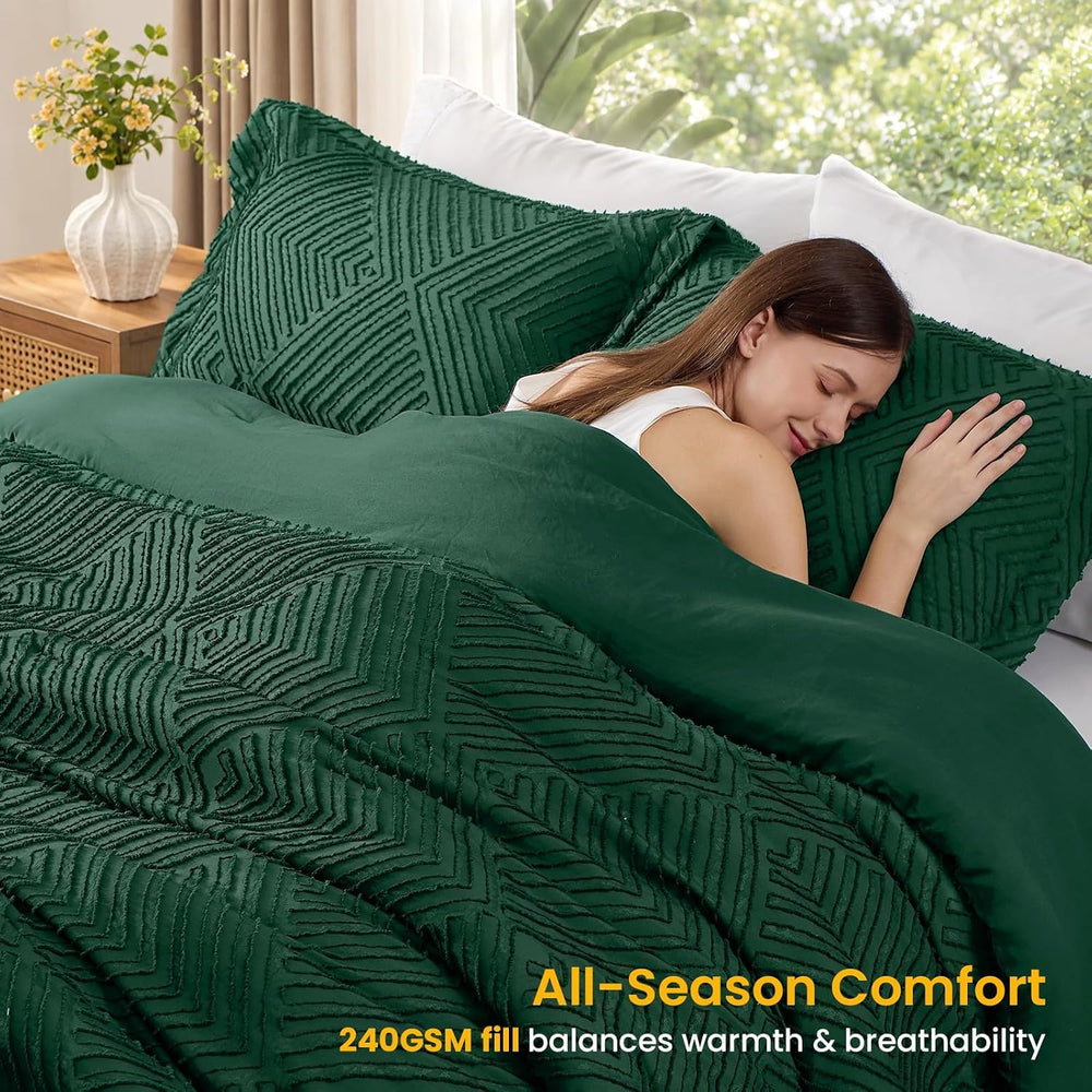 JOLLYVOGUE Emerald Green King Size Comforter Set, Boho Tufted Bedding Set 3-P...