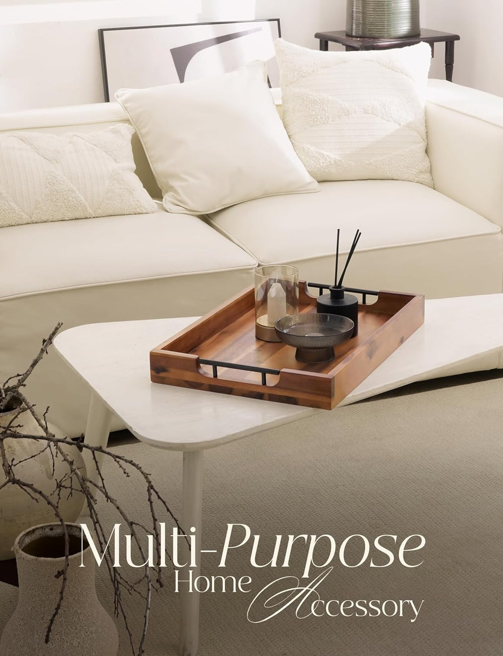 TIDITA 20"x14" Wooden Large Ottoman Tray, Serving Tray with Metal H...