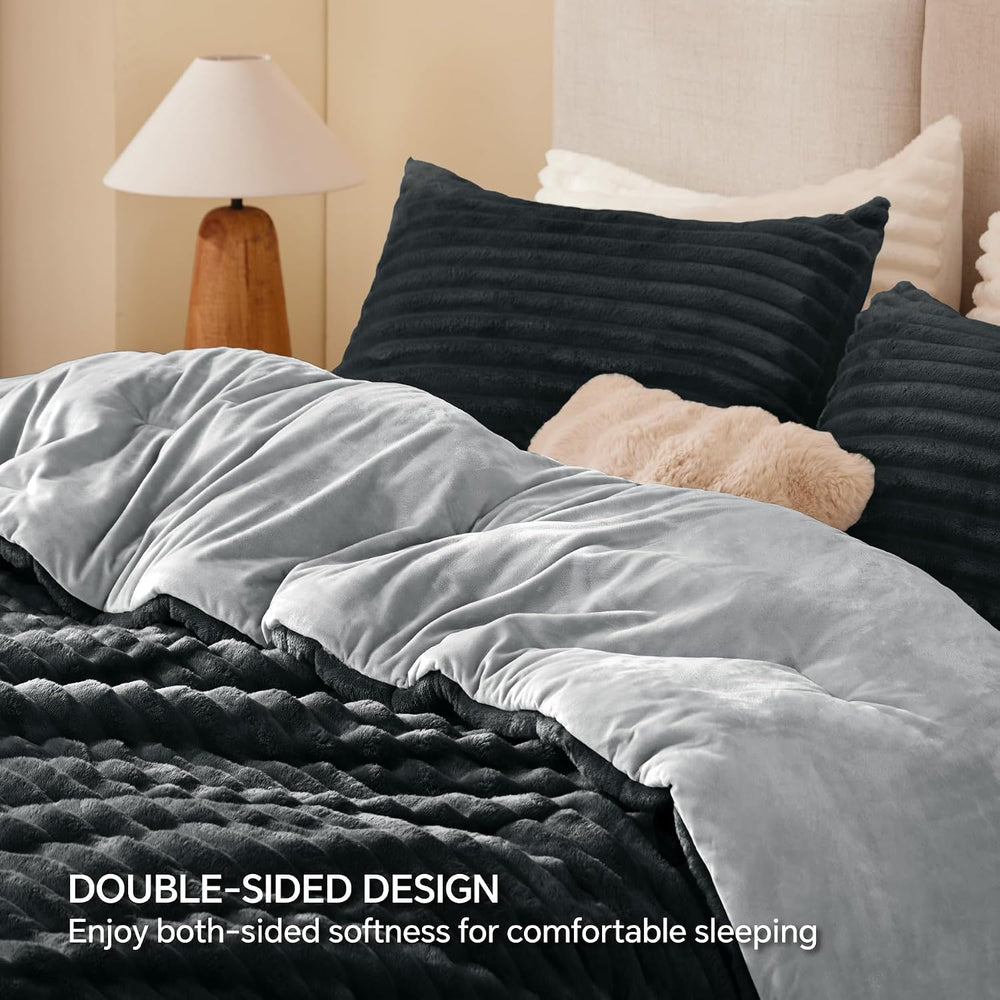 BEDELITE Fleece Full Comforter Set, Fluffy Bed Set, Black