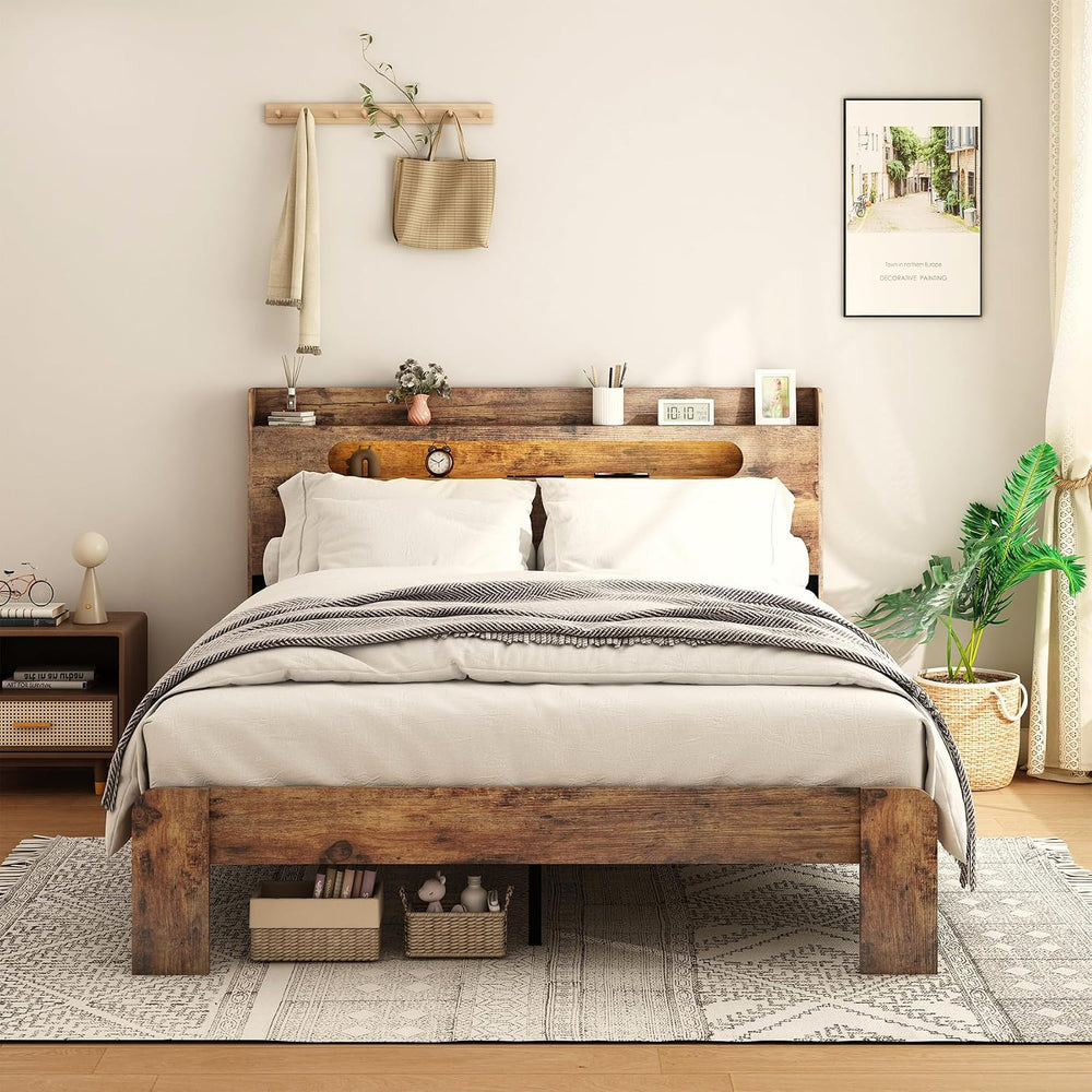 Wooden Queen Size Bed Frame with Storage Headboard, Rustic Farmhouse Platform...