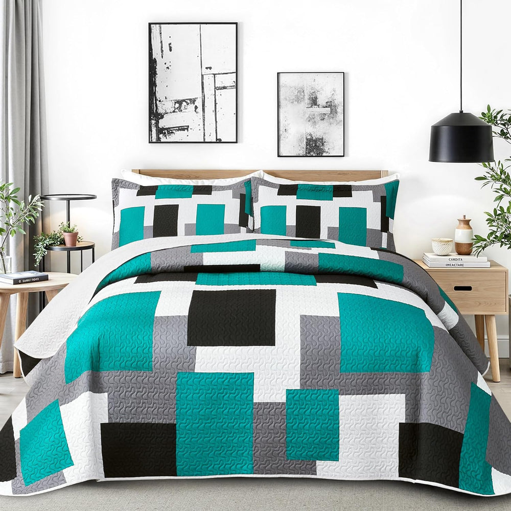 Tyrot 3 Piece Teal/Turquoise Quilt Full/Queen Size Black Grey Bedding Set