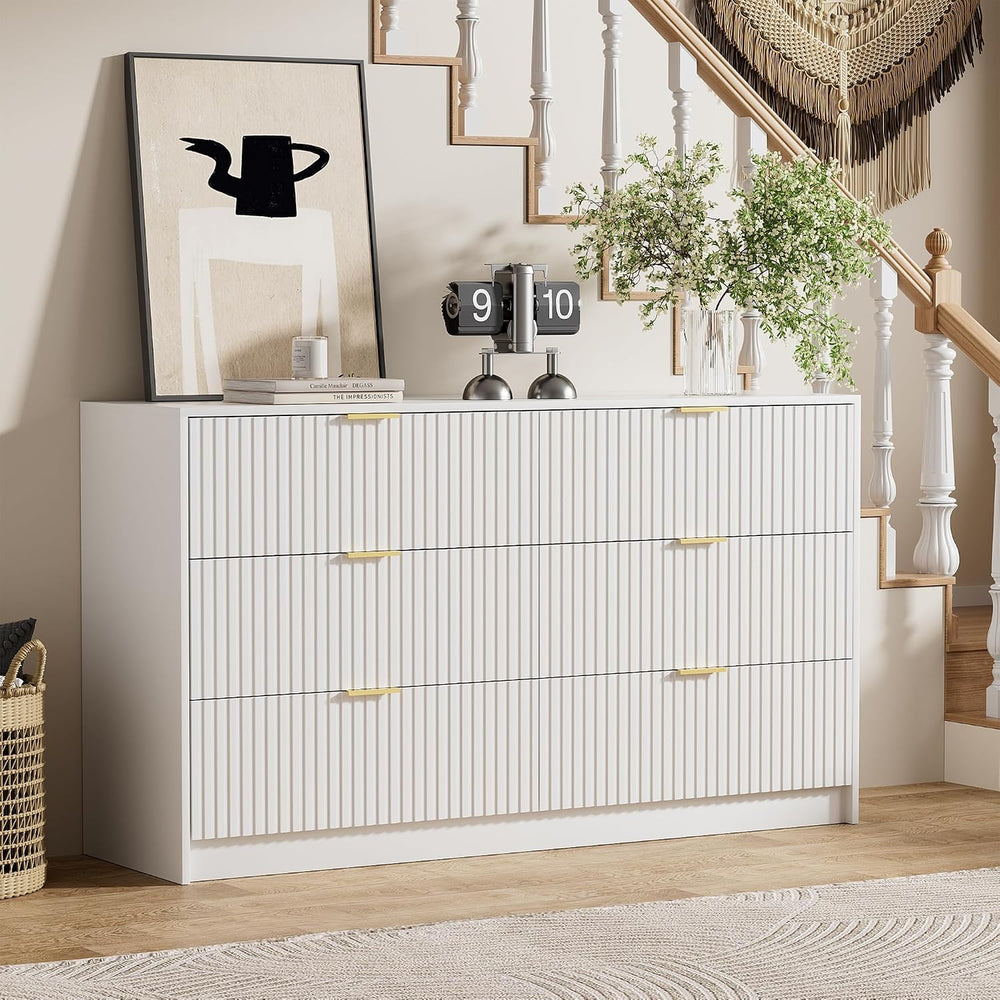 Furniway 55.1" Wide White Dresser for Bedroom, Fluted 6 Drawer Dresser