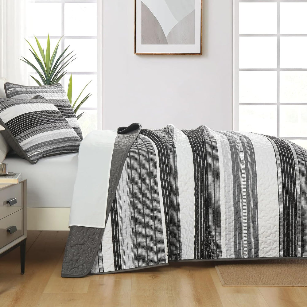 Djoymock Quilt Set Full Size, 3 Pieces Patchwork Striped Bedding Set, Grey