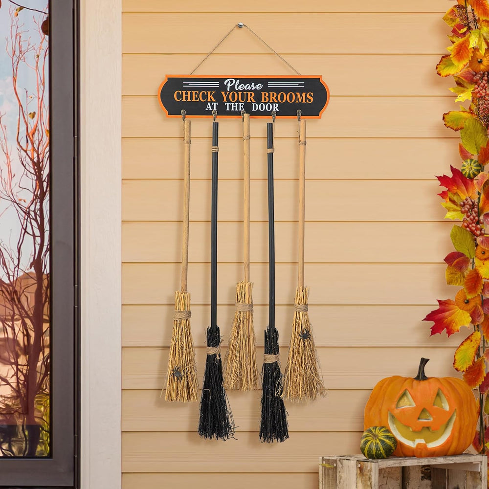Glitzhome 42”H Halloween Porch Decoration Broom Parking Sign with 5 Wooden Wi...