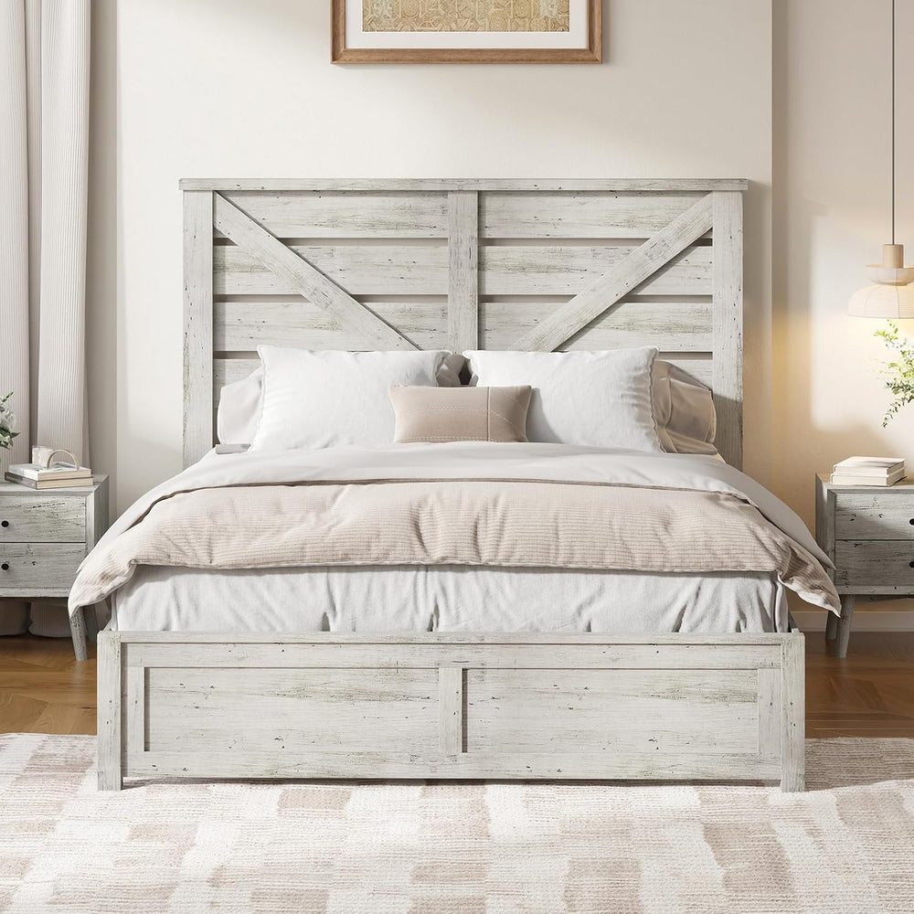 LUXOAK Queen Size Farmhouse Wooden Bed Frame with 49.2" Headboard, White