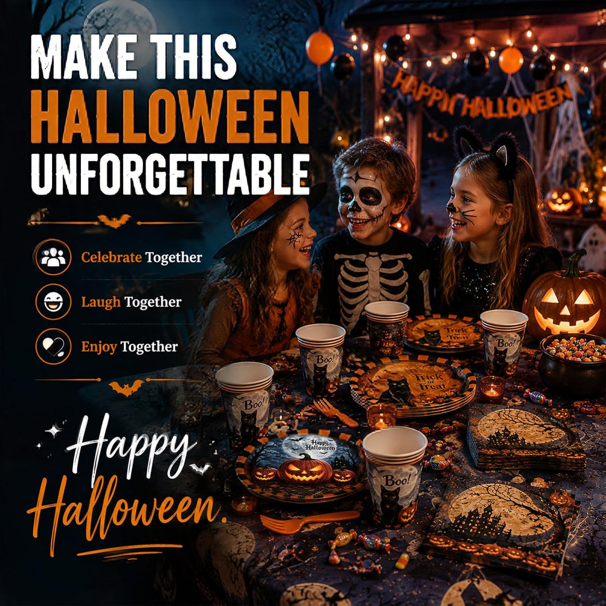 Halloween Party Supplies Plates and Napkins Set, Halloween Disposable Tableware with Dinner Plates, Dessert Plates, Cups, Napkins, Forks & Tablecloth for Halloween Party Decorations, Serves 24