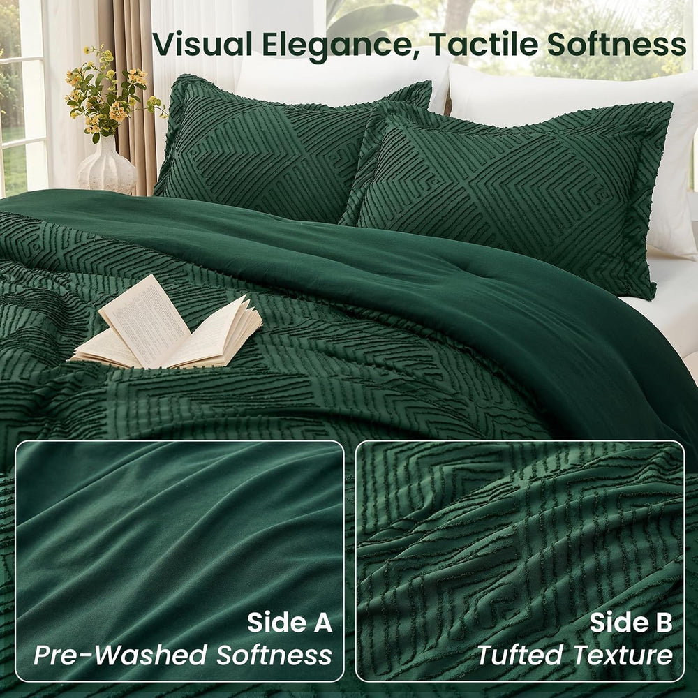 JOLLYVOGUE Emerald Green King Size Comforter Set, Boho Tufted Bedding Set 3-P...