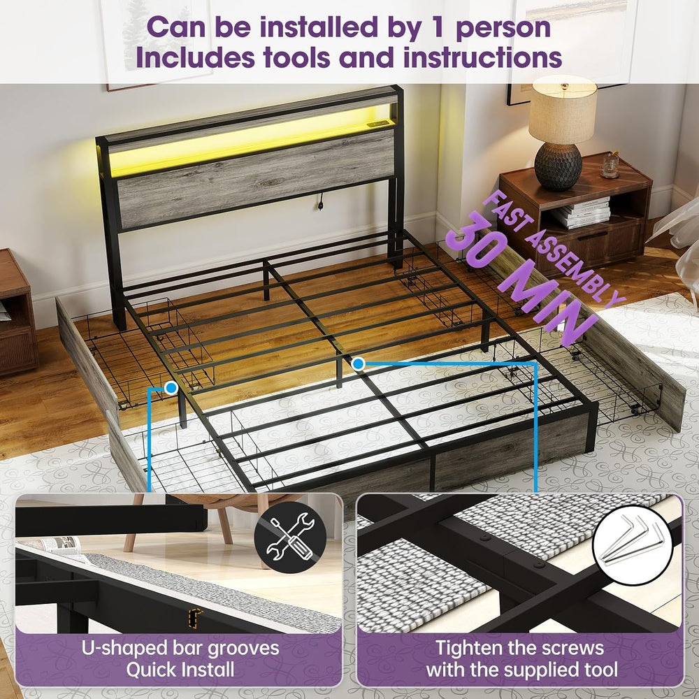 Full Size Bed Frame with LED Light Headboard and 4 Storage Drawers
