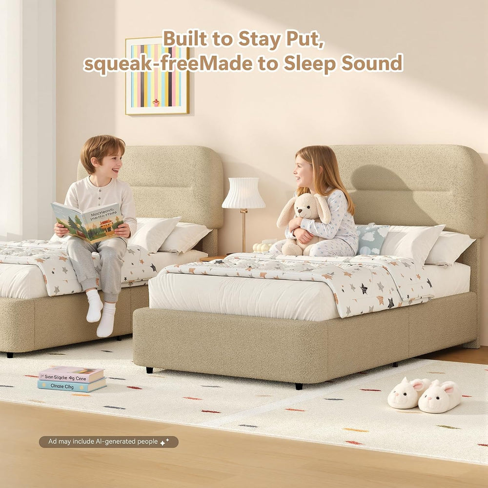 HOMBCK Twin Boucle Bed Frame,Beige Twin Upholstered Bed Frame